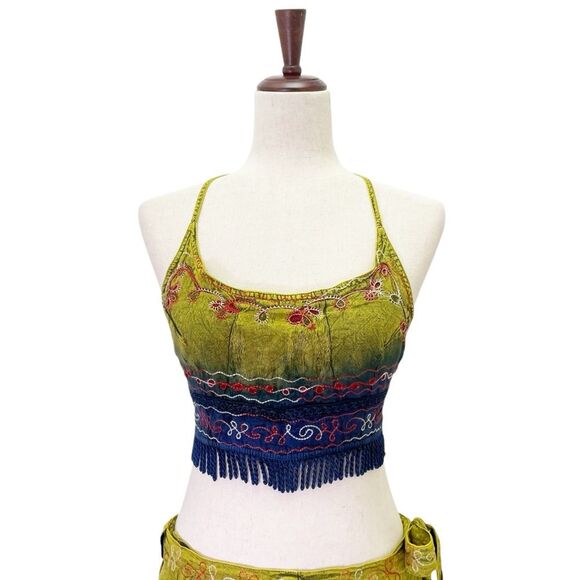 Flower Tie Dye Crop Top Wrap Skirt Set Free Size Boho Festival India Blue Green - Picture 5 of 10